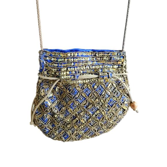 Potli Bag Purple Gold Drawstring Pouch Indian Bridal Party Embroidery Sequin - Picture 2 of 7